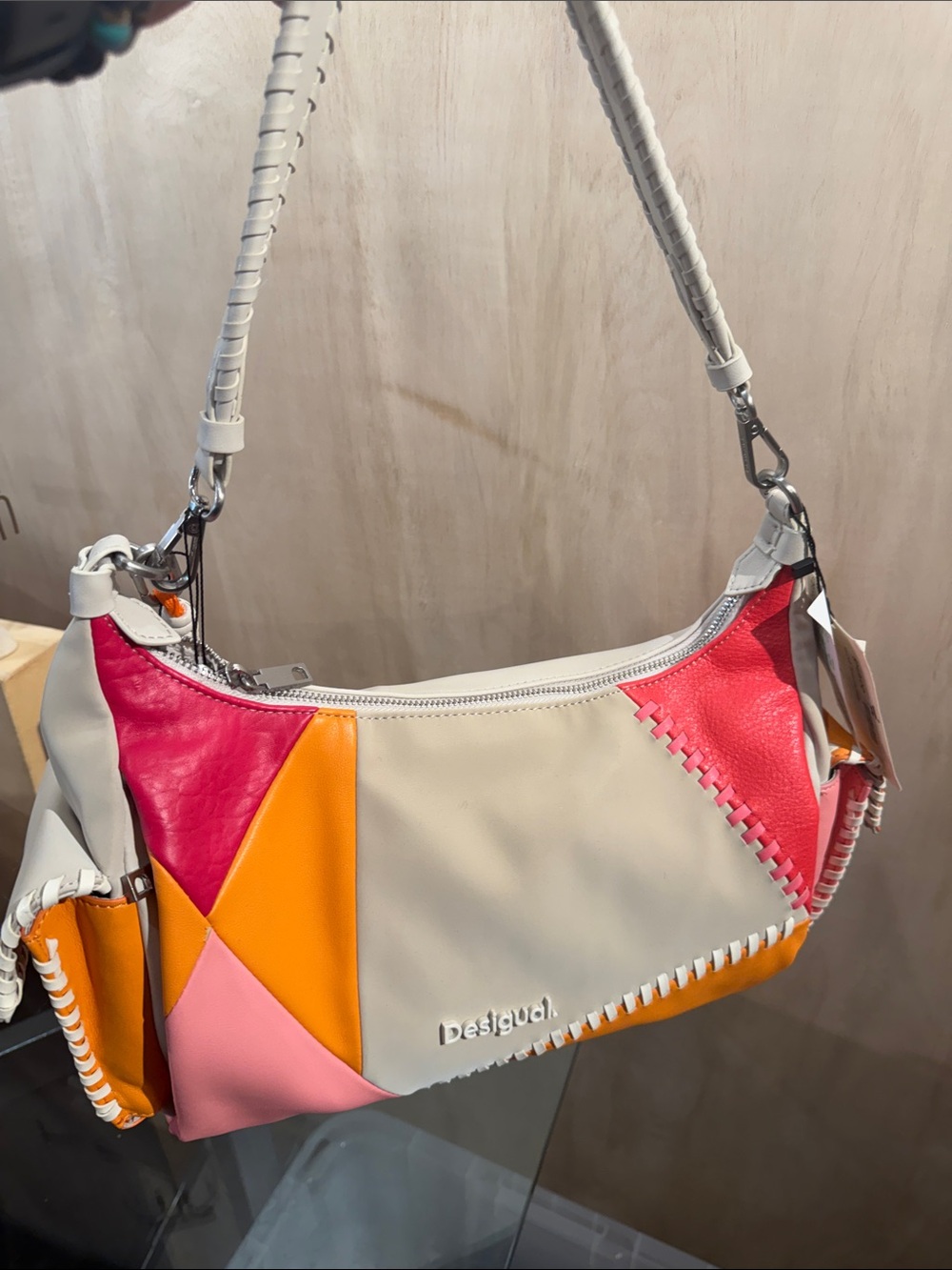 Desigual Cream Shoulder Bag with Pink, Orange & Yellow Patchwork